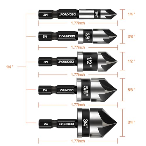 5-Piece M2 High-Speed Steel Countersink Drill Bit Set, 82°, 1/4" Hex Shank - Metal, Wood, Plastic