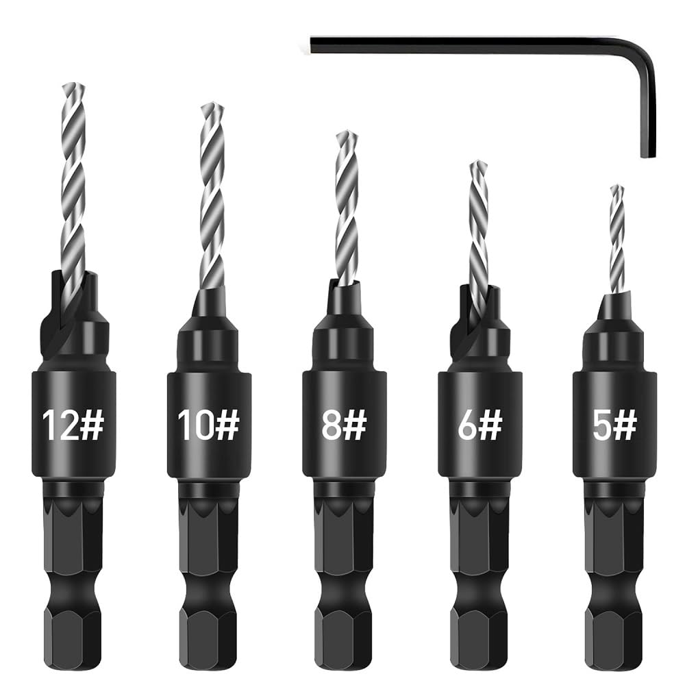 Fixinus 5 Piece 1/4" Hex Shank HSS Countersink Drill Bit Set 5/6/8/10/12# with L Wrench
